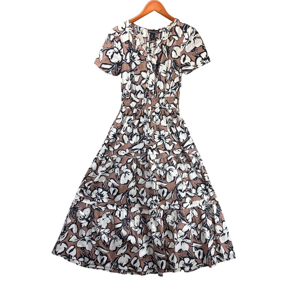 Cynthia Rowley Floral Tiered Smocked Midi Dress Womens S Brown White Bohemian
